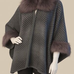 Step In Style Cape with Faux Fur Collar & Trim  Classic Diamond Knit